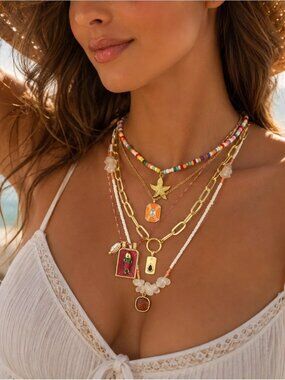 Layered Gold and Multicolor Bead Necklace Set